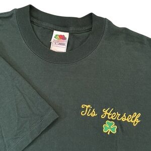 New Irish Tis Herself Shamrock Embroidered T-Shirt Green/Gold Thick Cotton Large